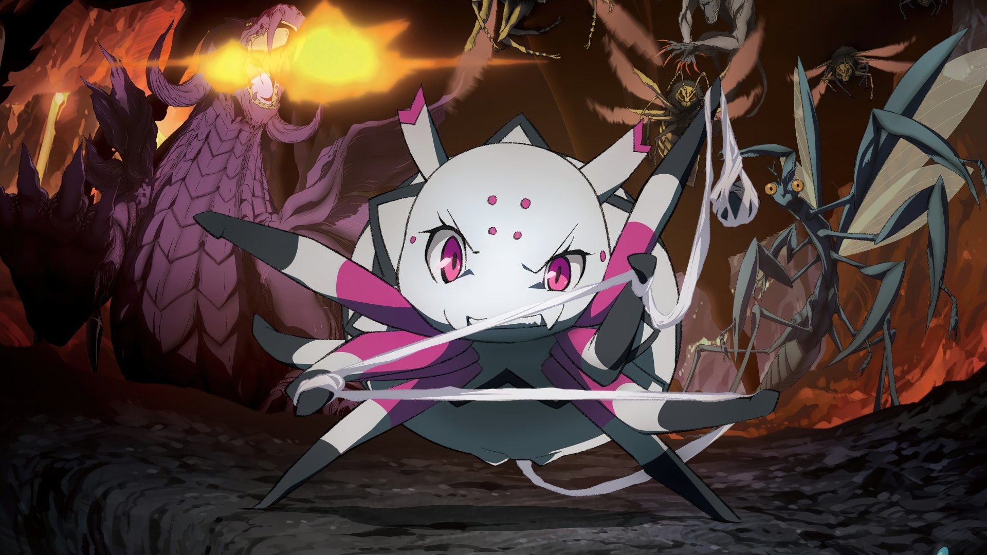 Anime 4K Ultra HD PC desktop wallpaper: So I'm a Spider, So What? — white multi-eyed spider heroine poised with blades against monstrous foes in a fiery cave.