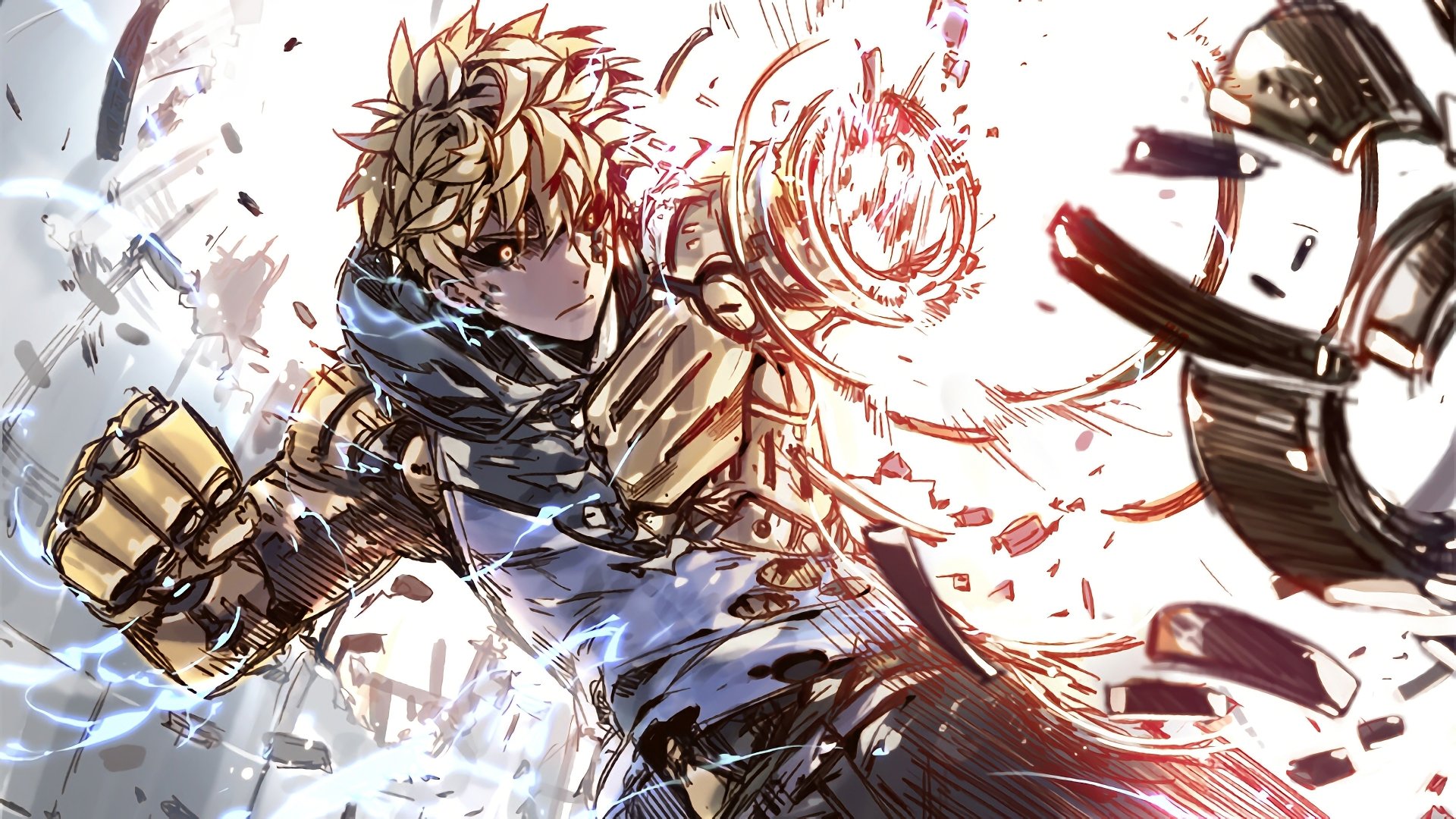 4K Ultra HD anime wallpaper featuring Genos from One-Punch Man in dynamic battle pose with glowing energy and shattered debris background.