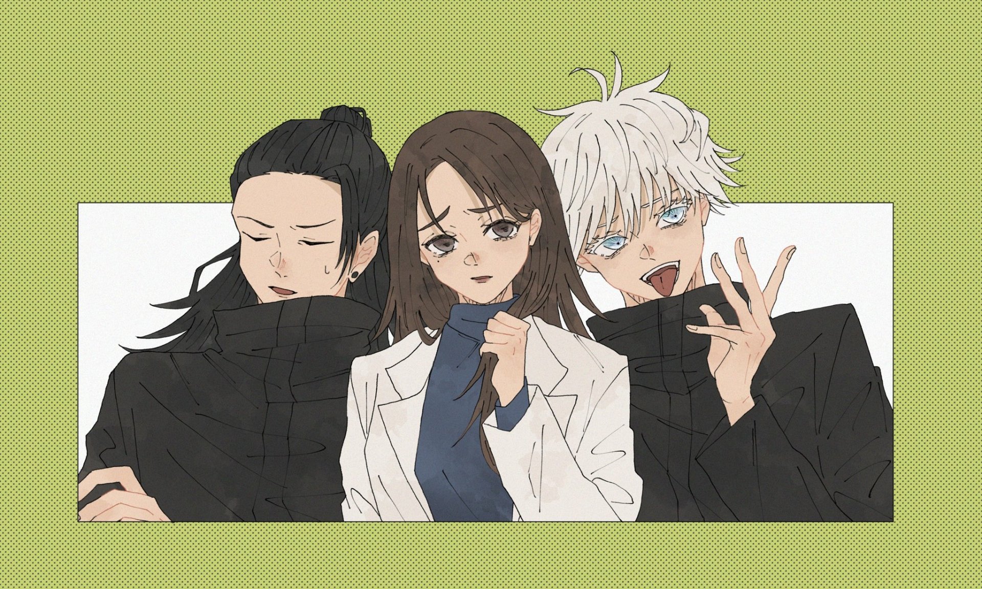 Download Brown Eyes School Uniform Blue Eyes White Hair Black Hair Brown Hair Shoko Ieiri Suguru Geto Satoru Gojo Anime Jujutsu Kaisen Gojo & Geto HD Wallpaper by muiii