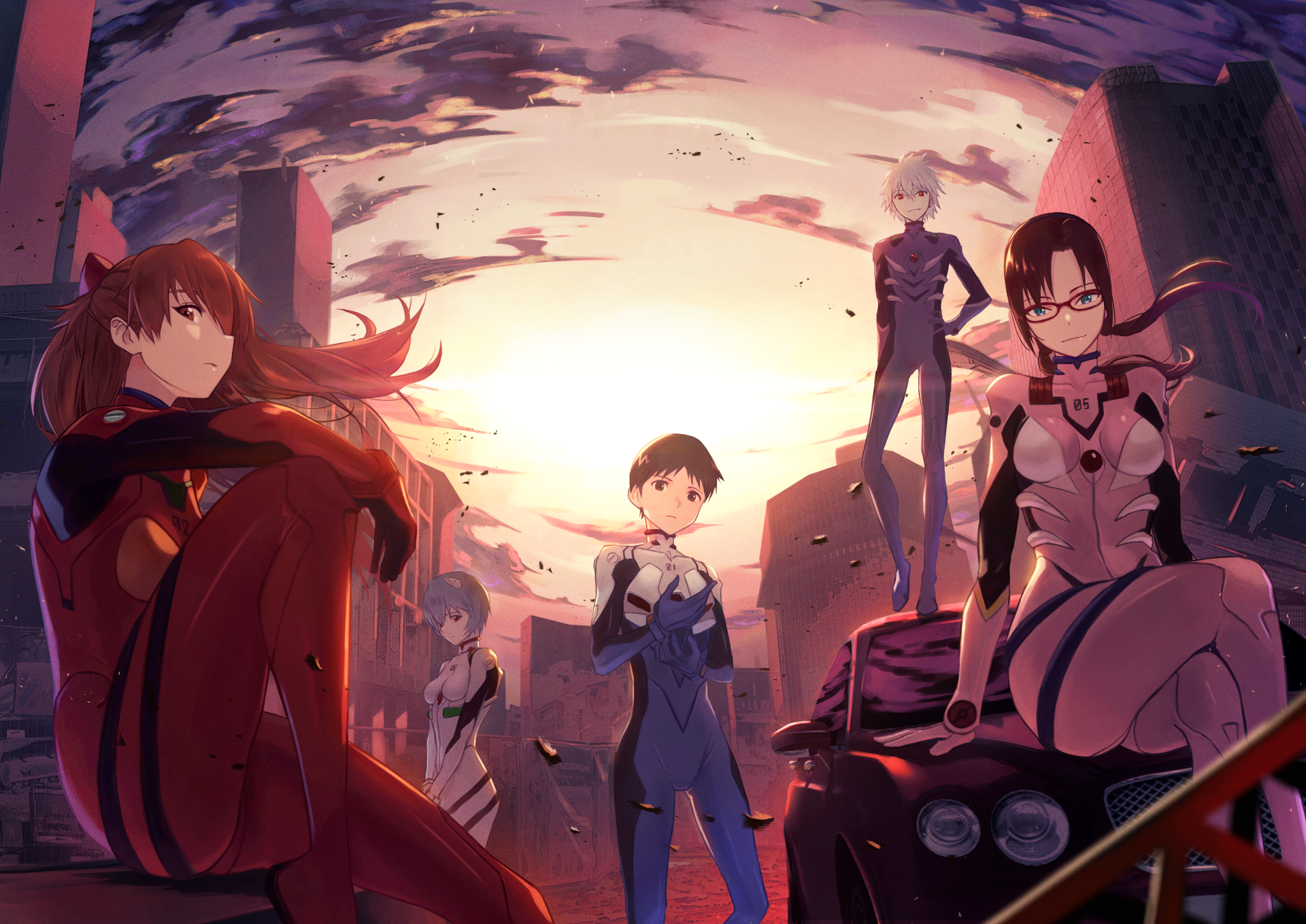 4K Ultra HD anime wallpaper featuring Neon Genesis Evangelion characters Shinji Ikari, Asuka Langley Sohryu, Rei Ayanami, Kaworu Nagisa, and Mari Makinami Illustrious with varied hair and eye colors.