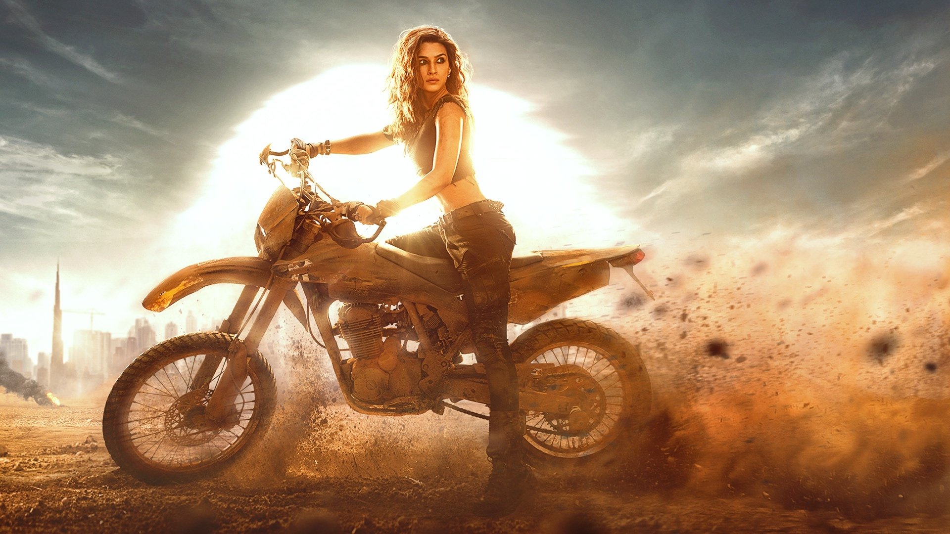 Download Kriti Sanon Motorcycle Bollywood Actress Indian Brunette Movie Ganapath HD Wallpaper