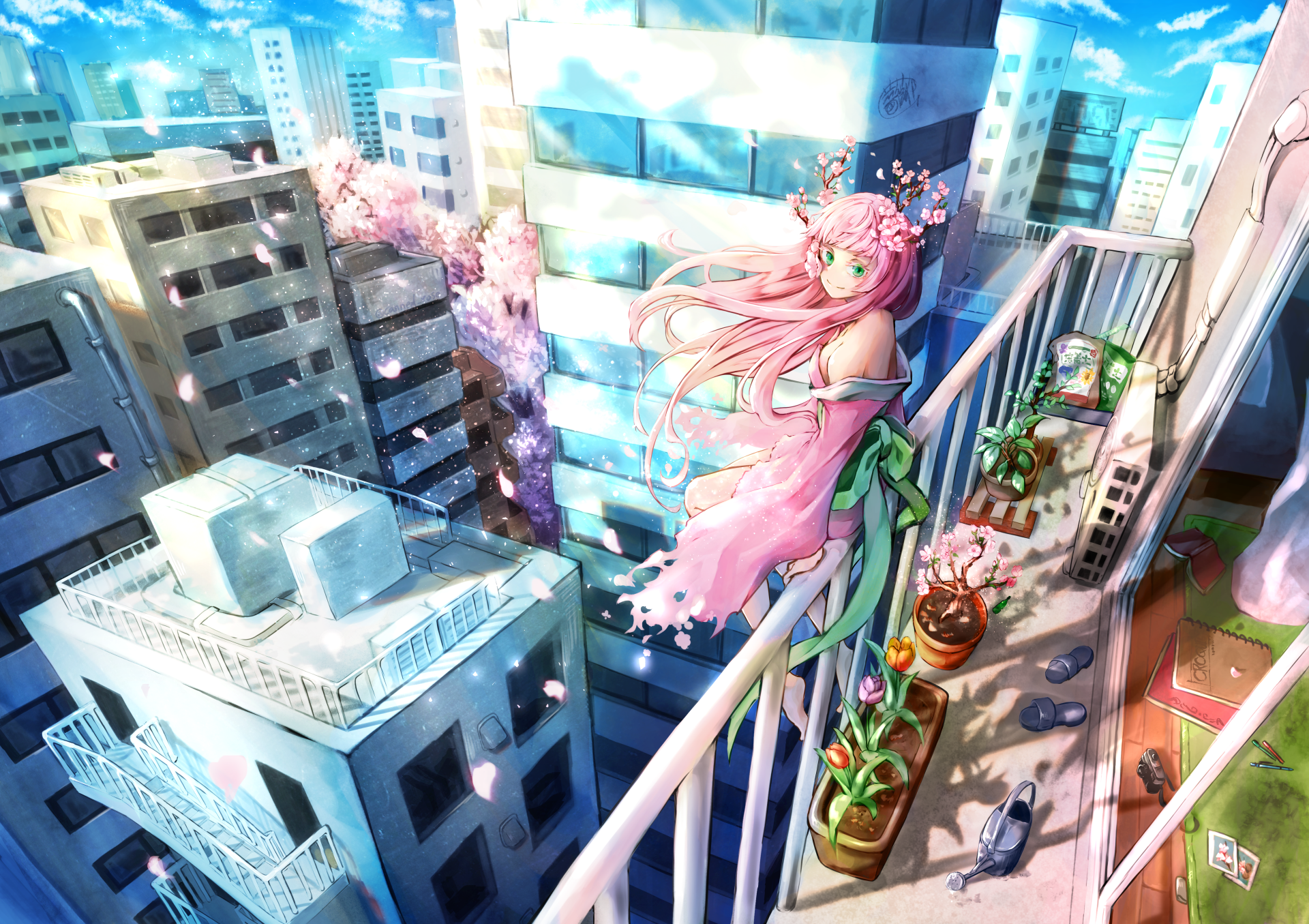 Download Building Long Hair Sakura Pink Hair Anime Girl Anime Girl 4k Ultra HD Wallpaper by 薔薇缶
