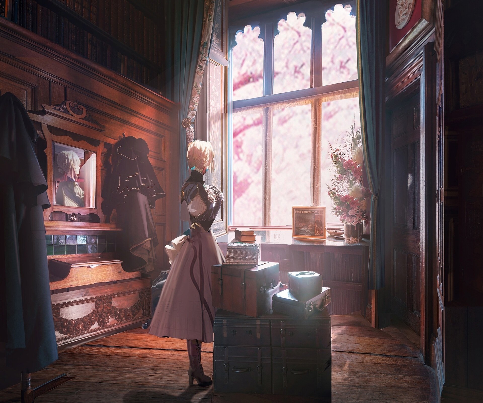 Anime-style HD PC desktop wallpaper featuring Violet Evergarden standing in a sunlit room filled with vintage furniture and soft cherry blossom light through the window.