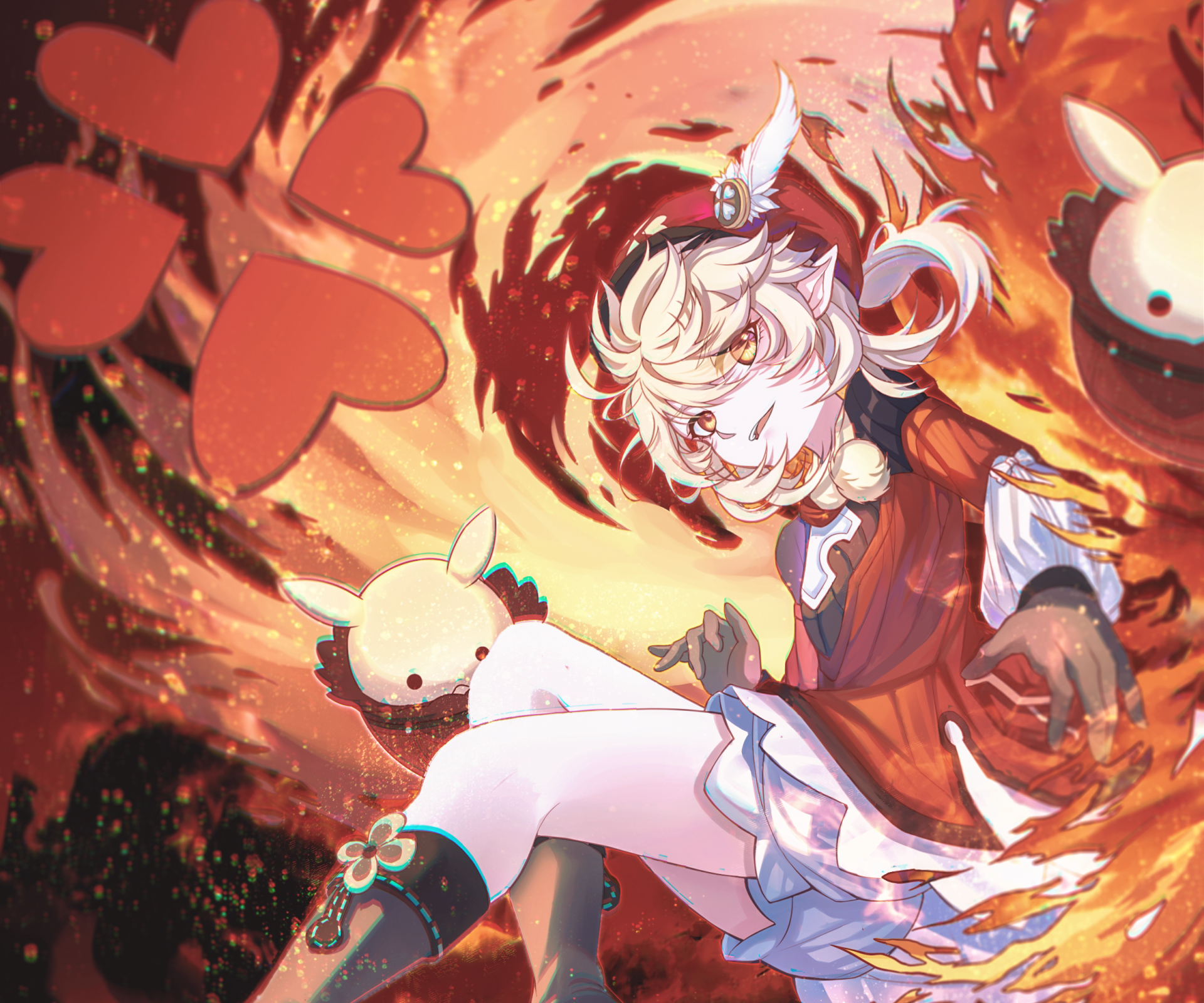 HD PC desktop wallpaper featuring Klee from the video game Genshin Impact, surrounded by fiery effects and playful heart-shaped elements.