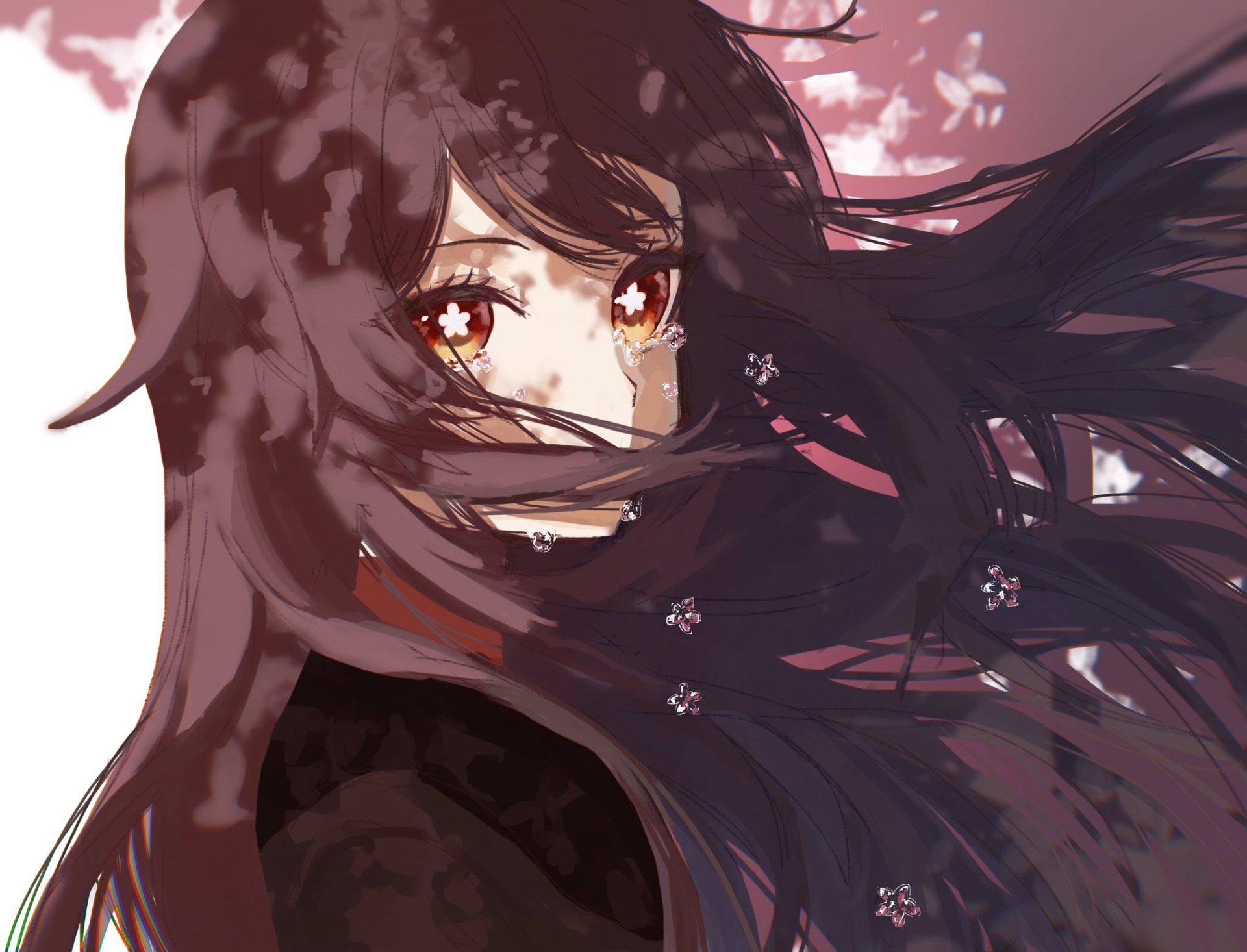 HD wallpaper of Hu Tao from the video game Genshin Impact. The background features her with flowing dark hair against a backdrop of cherry blossom petals.