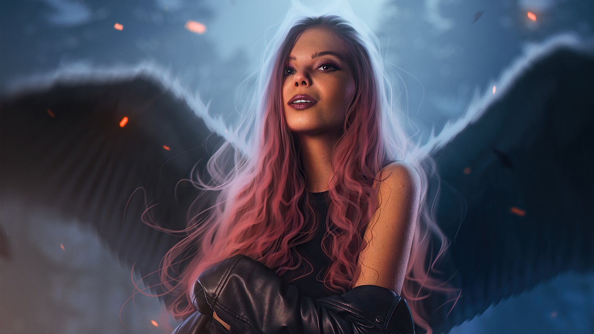 A fantasy-themed 4K Ultra HD PC wallpaper featuring an angel with long pink hair and dark wings against a moody, glowing background.