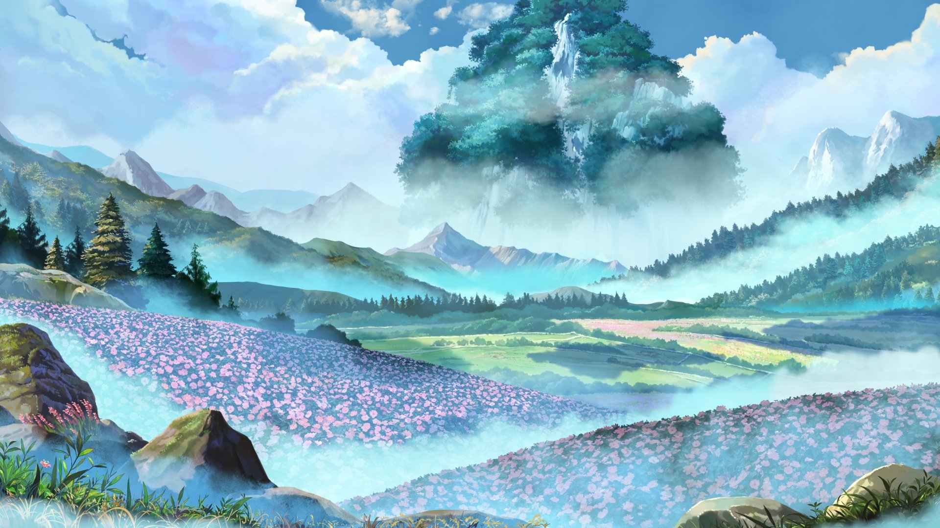 An anime landscape HD wallpaper featuring a serene nature scene with blooming flowers, distant mountains, pine trees, and a towering, cloud-covered tree in the background.