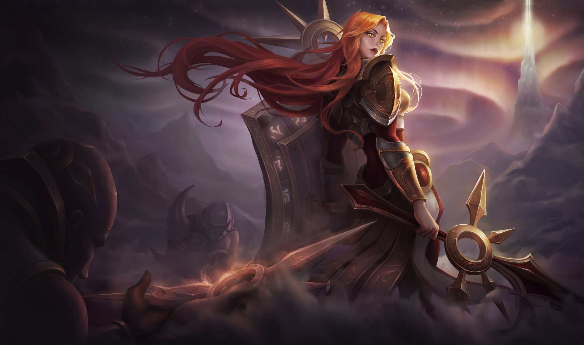 Leona from League of Legends stands in golden armor wielding a sun-themed weapon amid swirling clouds, captured in a detailed 4K Ultra HD video game wallpaper.