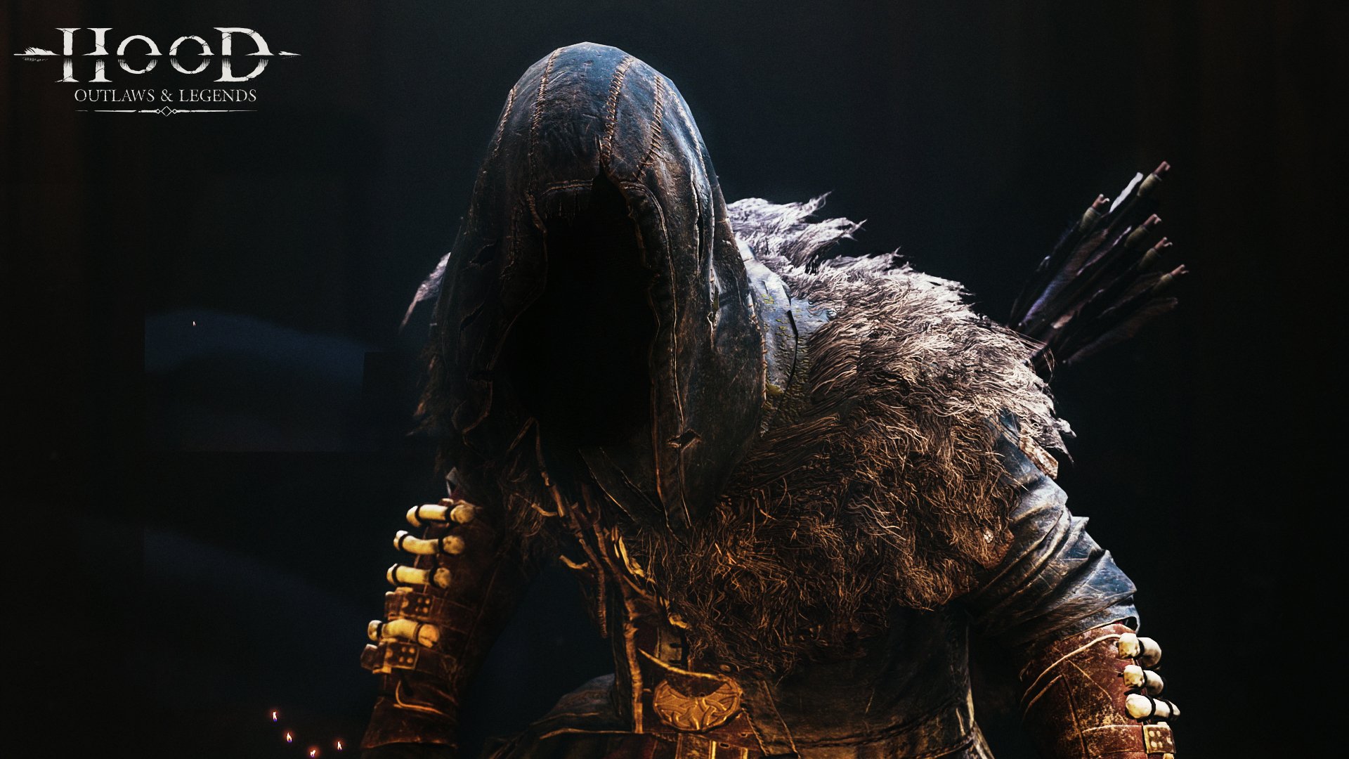 HD desktop wallpaper featuring a mysterious hooded character from the game Hood: Outlaws & Legends, showcasing detailed in-game graphics and medieval atmosphere.