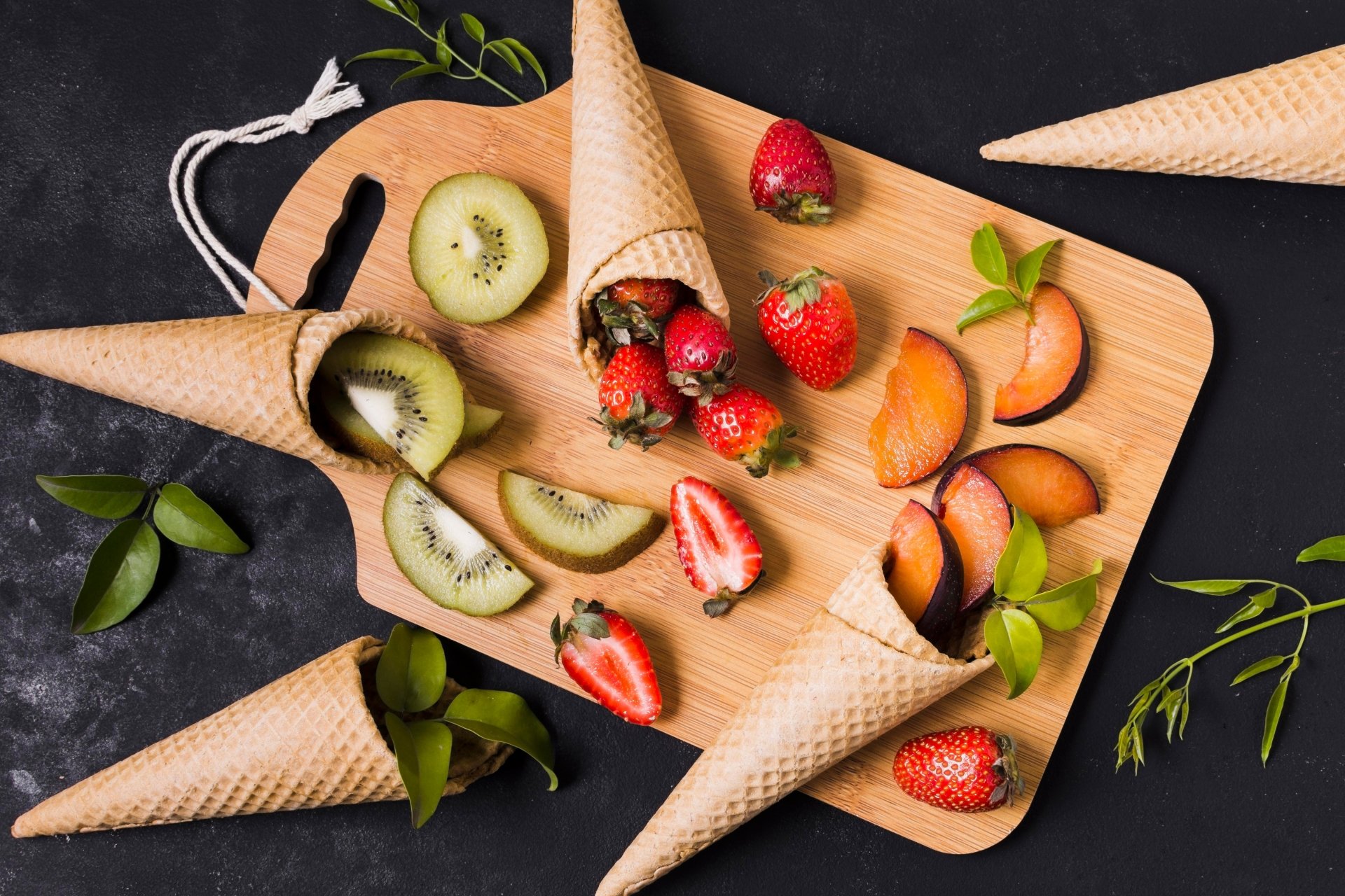Download Waffle Cone Still Life Plum Strawberry Kiwi Berry Food Fruit 4k Ultra HD Wallpaper