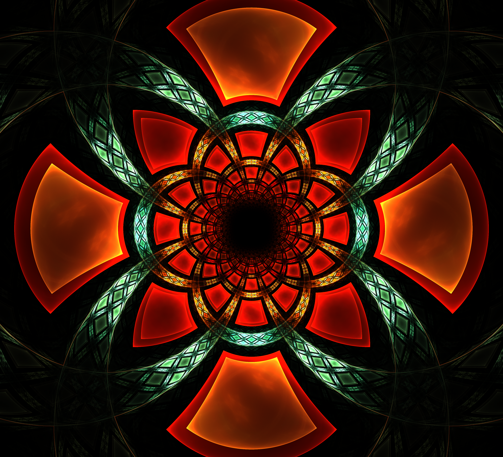 HD PC desktop wallpaper featuring an abstract fractal design with glowing red and green geometric patterns radiating from a central black void.