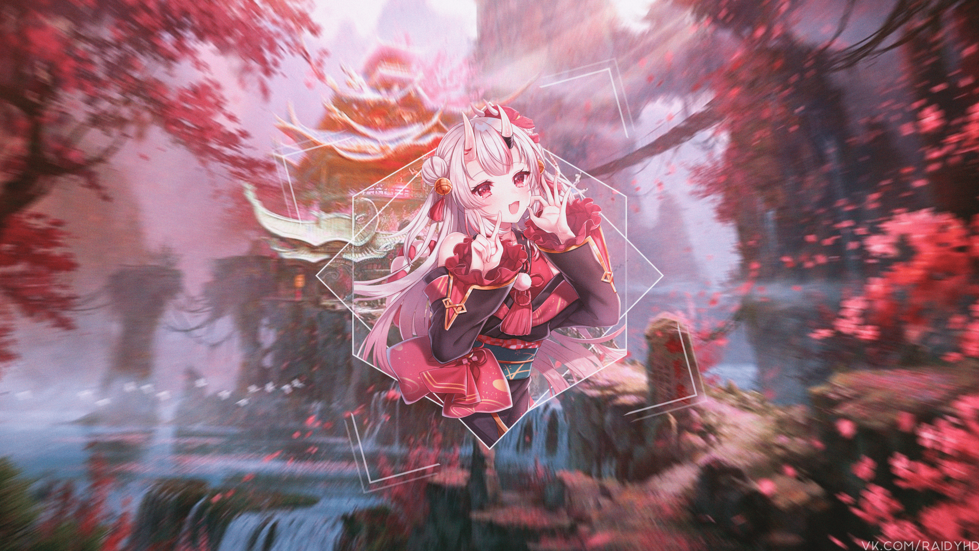 4K Ultra HD anime wallpaper featuring Nakiri Ayame from hololive, set against a vibrant, ethereal background with pink blossoms and glowing accents.