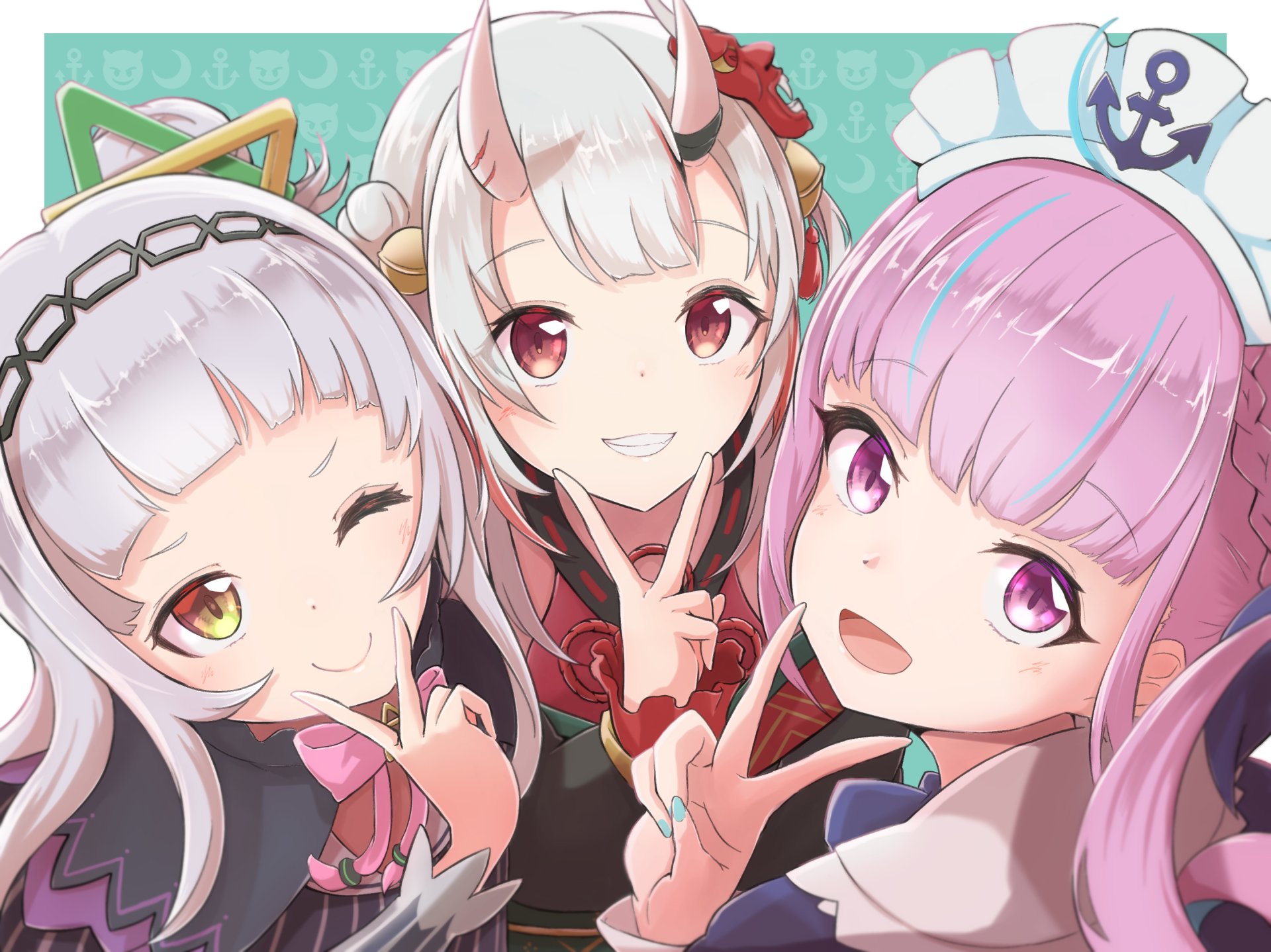 2K Quad HD PC desktop wallpaper: Nakiri Ayame, Murasaki Shion and Minato Aqua in an anime crossover of hololive and Azur Lane, three VTubers smiling and posing.