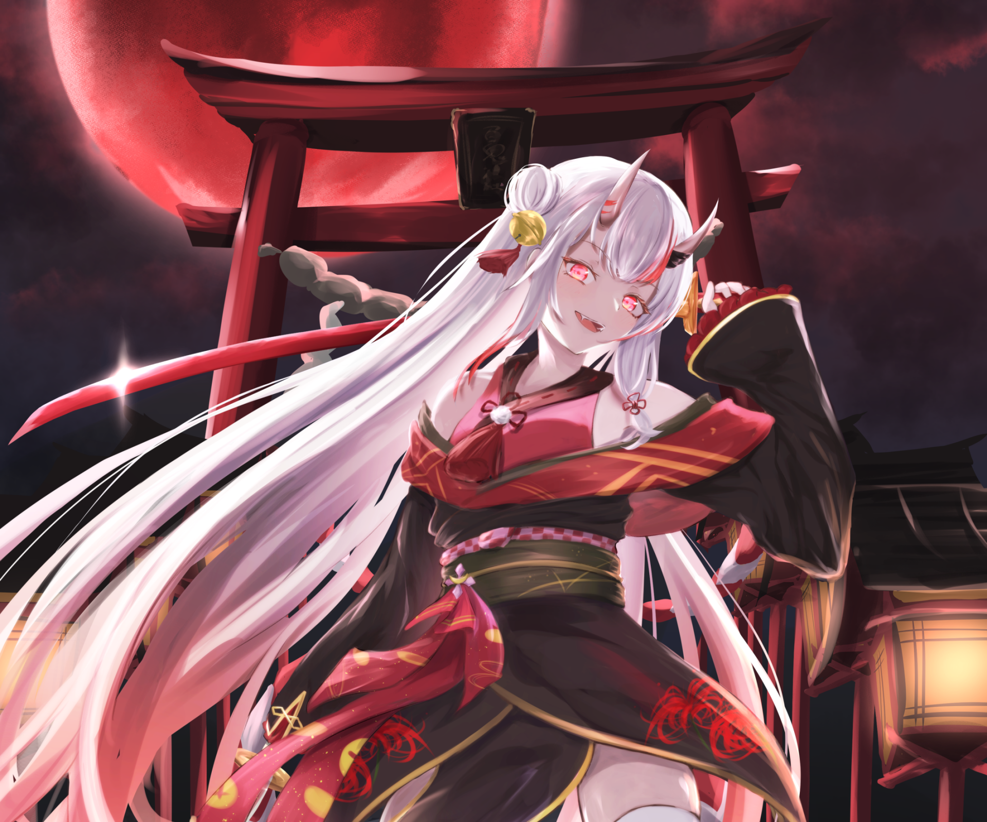 HD PC wallpaper of Nakiri Ayame, a Hololive Virtual YouTuber with long white hair, red eyes, horns, and a dark traditional outfit against a nighttime shrine background.