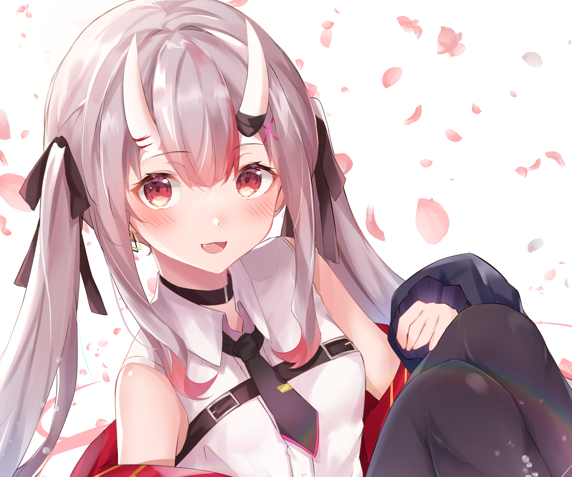 Anime-style HD desktop wallpaper featuring Nakiri Ayame from Hololive with white hair, red eyes, blush, and small horns, surrounded by falling pink petals.