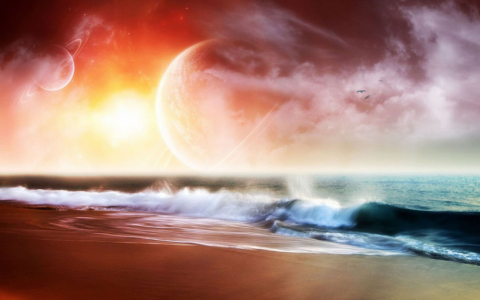 HD desktop wallpaper featuring a sci-fi landscape with a surreal beach, intense sunset, planets in the sky, and dramatic waves crashing onto the shore.