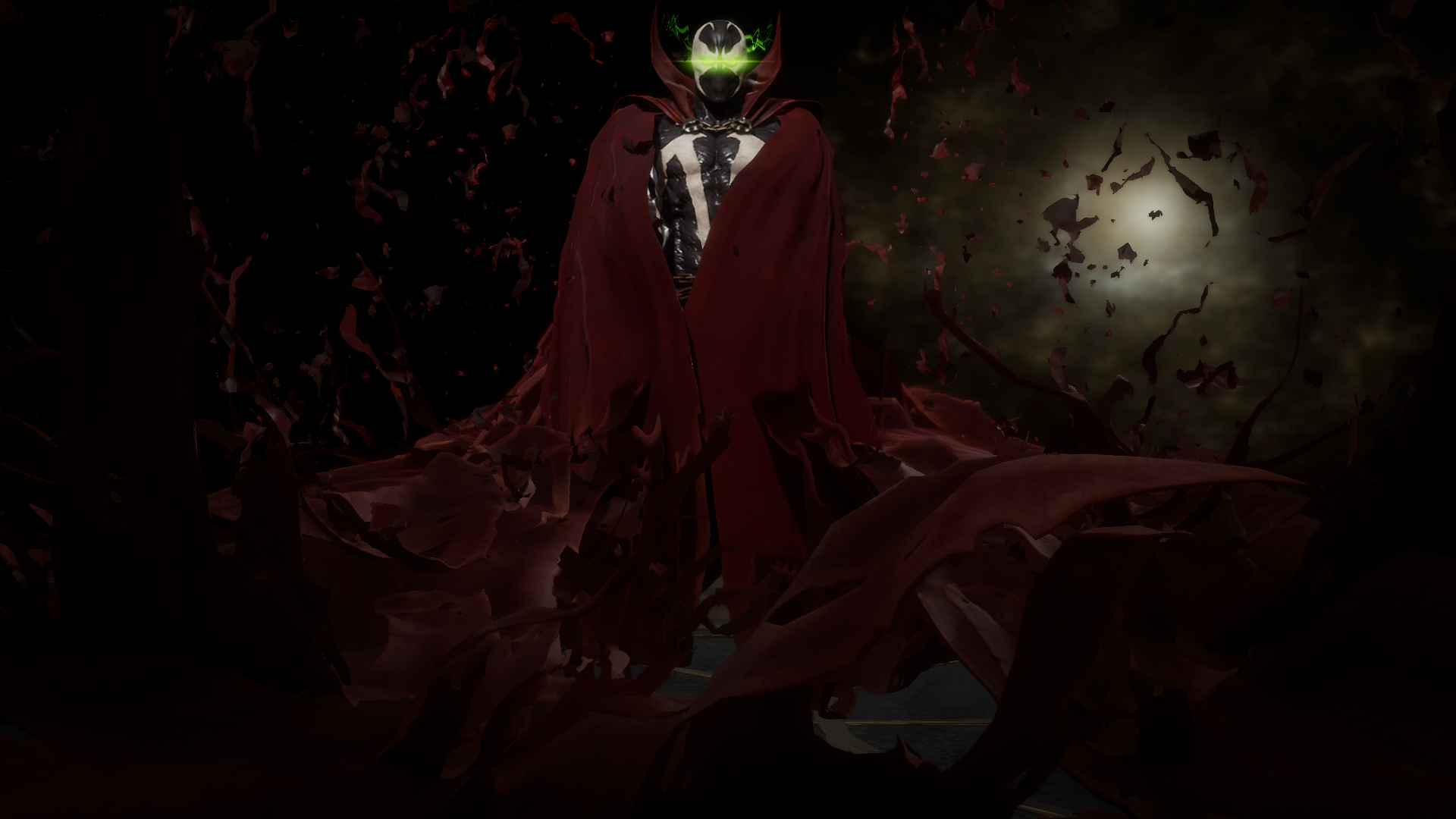 HD PC desktop wallpaper/background of Image Comics' Spawn: hooded figure with glowing green eyes and tattered red cape, surrounded by swirling shadows and bats — video game crossover art for Mortal Kombat 11.