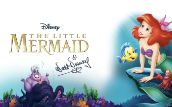 HD desktop wallpaper featuring Ariel with red hair, Flounder, Sebastian, and Ursula from Disney's The Little Mermaid (1989) alongside the movie logo and Walt Disney's signature.