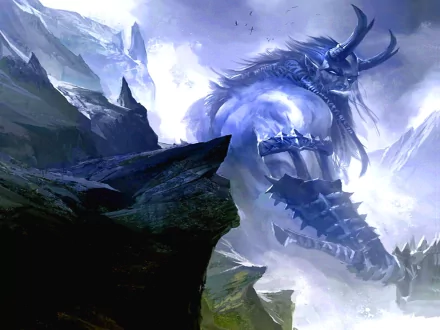 HD desktop wallpaper featuring a fantasy scene with a giant, armored creature amidst a rugged, mountainous landscape with mist and dramatic lighting.