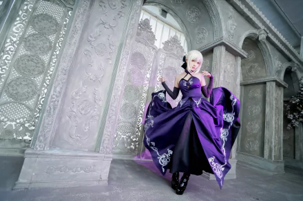 asian white hair purple dress woman cosplay HD Desktop Wallpaper | Background Image
