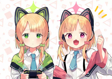 HD PC desktop wallpaper featuring two anime-style characters with cat ear headbands from the video game Blue Archive, set against a colorful patterned background.