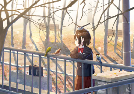 Anime girl in school uniform stands on a bridge surrounded by small colorful birds in a serene, light-filled autumn forest, rendered in 4K Ultra HD.