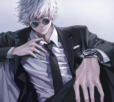 HD desktop wallpaper featuring Satoru Gojo from Jujutsu Kaisen. He has white hair, wearing sunglasses, a black suit, and a stylish watch.
