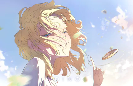 4K PC wallpaper of hololive virtual YouTuber Watson Amelia: sunlit blonde anime girl with windswept hair, smiling against a bright sky with a floating coin.