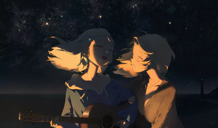 4K Ultra HD anime wallpaper featuring Hololive Virtual YouTubers Watson Amelia and Gawr Gura playing guitar under a starry night sky.