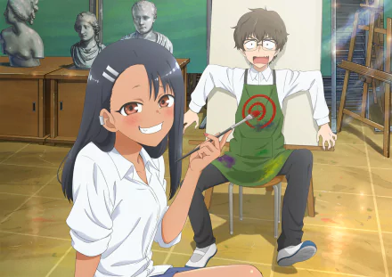 Naoto Hachioji and Hayase Nagatoro from the anime Don't Toy with Me, Miss Nagatoro are featured in this vibrant HD desktop wallpaper, capturing their playful dynamic in a classroom setting.