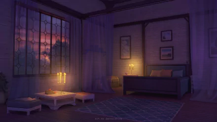 Anime-style room with a bed softly lit by candles on a low table and a nightstand, featuring warm, cozy lighting in an HD PC desktop wallpaper background.