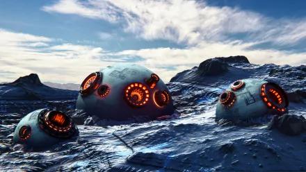 HD desktop wallpaper of a futuristic landscape with glowing spherical structures on a rugged terrain under a blue sky.