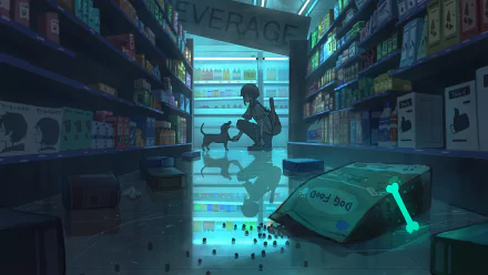 Anime girl and dog share a moment in a softly lit store aisle, captured in detailed 4K Ultra HD for a PC desktop wallpaper background.