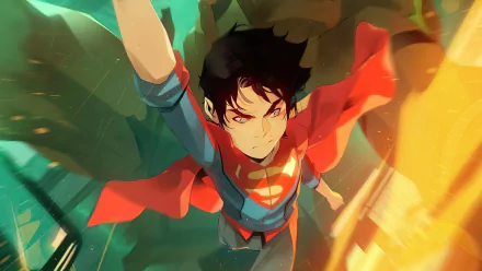 4K Ultra HD desktop wallpaper of Superboy Jon Kent with black hair from DC Comics’ Challenge of the Super-Sons, soaring dynamically with a glowing background.