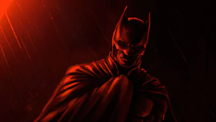 A dark, rain-soaked portrait of Batman from DC Comics' The Batman movie, rendered in dramatic red and black tones for an 8K Ultra HD desktop wallpaper.