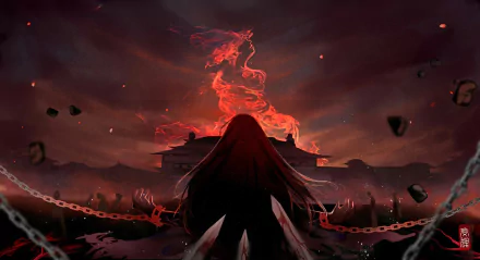 HD PC desktop wallpaper featuring Wen Ning from the anime Mo Dao Zu Shi, with fiery red flames and a dark, dramatic background.