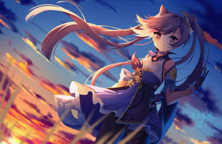 Keqing from Genshin Impact is featured in this vibrant 4K Ultra HD PC desktop wallpaper with dynamic lighting and a dramatic sky background.