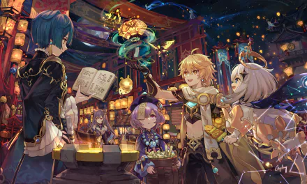 A vibrant Genshin Impact HD wallpaper featuring characters Qiqi, Xingqiu, Xiao, Paimon, Keqing, Ganyu, and Aether in a bustling, fantastical setting.