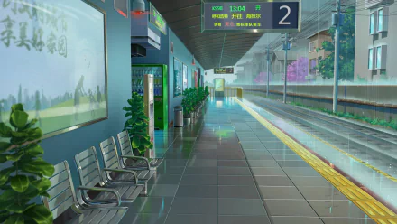 HD anime-style desktop wallpaper depicting a rainy train station platform with empty seats, wet reflective floor, and a digital train schedule display.