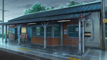 HD anime-style desktop wallpaper depicting a quiet train station in the rain, with detailed wooden structures and lush greenery in the background.