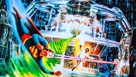 HD PC desktop wallpaper/background: Superman in dynamic flight amid a glowing industrial lab confrontation from the movie Superman III.
