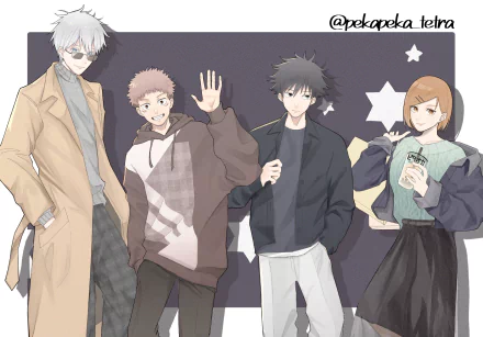 HD anime wallpaper featuring Jujutsu Kaisen characters Satoru Gojo, Yuji Itadori, Megumi Fushiguro, and Nobara Kugisaki with varied hair and eye colors and stylish outfits.