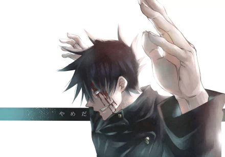 4K PC wallpaper of anime character Megumi Fushiguro (Jujutsu Kaisen) in a dark school uniform, black hair, bloodied cheek and raised hand against a bright white background.