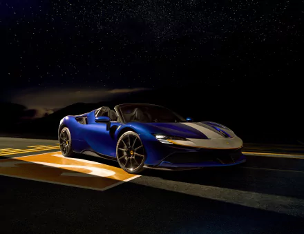 A sleek blue Ferrari SF90 Spider supercar parked on a road at night, showcased in 4K Ultra HD as a dynamic PC desktop wallpaper.
