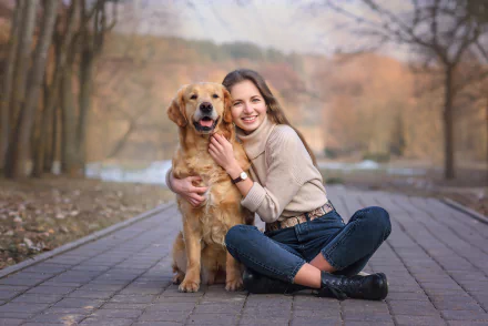 brunette golden retriever dog smile woman model HD Desktop Wallpaper | Background Image