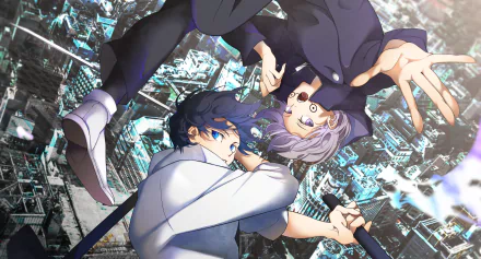 4K Ultra HD anime wallpaper featuring Jujutsu Kaisen characters Yuta Okkotsu with blue hair and eyes, and Toge Inumaki with white hair in school uniforms.