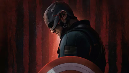 John Walker in profile holding Captain America's shield against a dark red background — 4K Ultra HD PC wallpaper from the TV show The Falcon and the Winter Soldier.