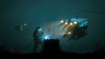 4K Ultra HD wallpaper depicting a diver interacting with a drone underwater, surrounded by a glowing, mysterious fantasy creature in deep sea darkness.