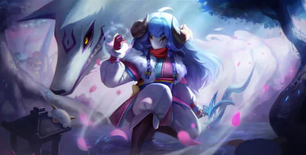 HD PC desktop wallpaper featuring Kindred from League of Legends, showcasing the character with a white wolf in a mystical, blue-toned forest setting.