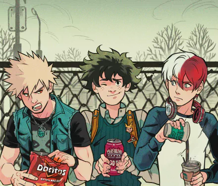 Shoto Todoroki red hair Katsuki Bakugou Izuku Midoriya coffee headphones drink chips two-toned hair blonde green hair Anime My Hero Academia HD Desktop Wallpaper | Background Image
